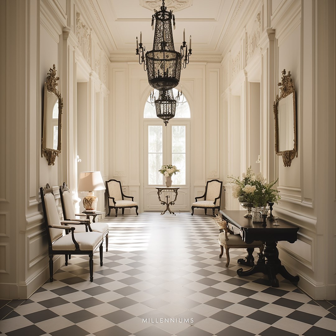 duongduonglinh_a_hallway_is_filled_with_white_furniture_and_cha_caa3d8ac-9763-4326-ab88-d774bafbfb8b1